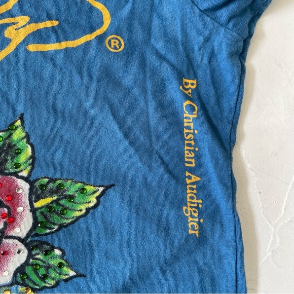 Ed Hardy Skull Rose Blue Tee Rhinestone by Christian Audigier Size M - Picture 5 of 11